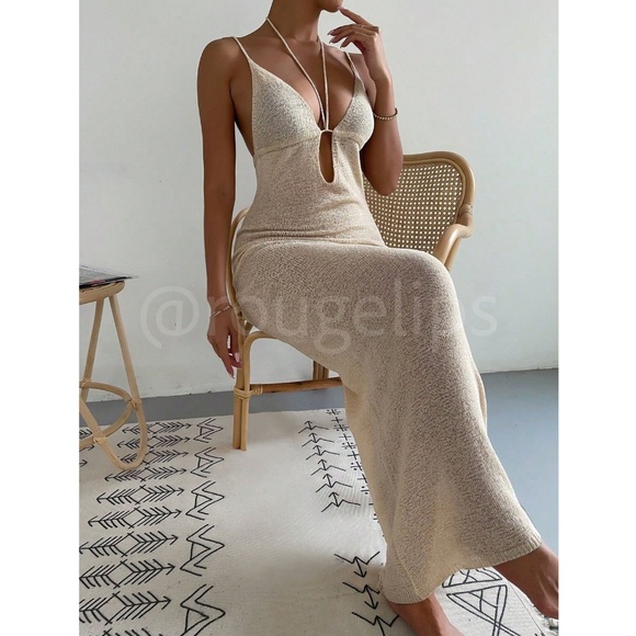 Beige Knit Coverup Dress Tie Straps Long Form Fitting Maxi Deep V-Cut - Picture 6 of 11